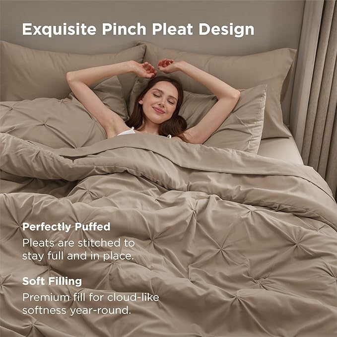 Bedsure Queen Comforter Set Khaki - Bed in a Bag Queen Size Bedding 7 Pieces, GentleSoft™ Pintuck Bed Set Gift for Family, Pinch Pleat All Season Comforter with Sheets, Pillowcases & Shams