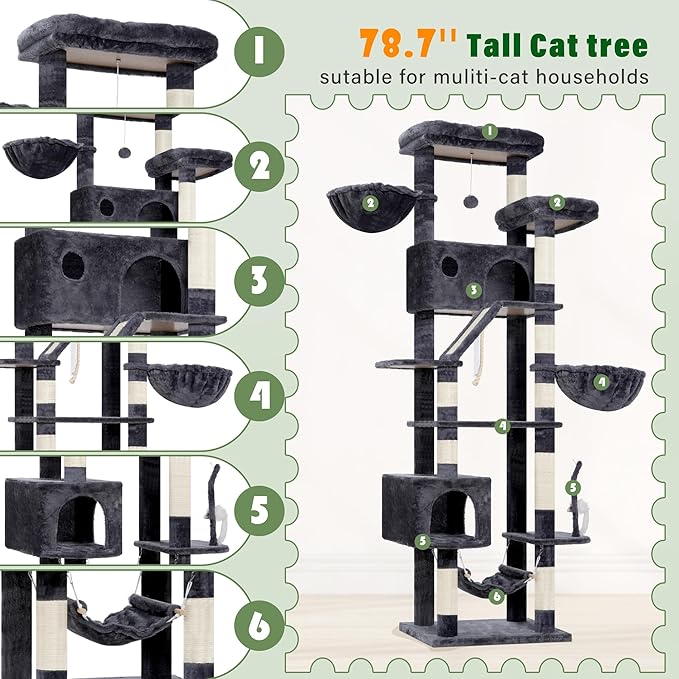 Cat Tree for Large Cats, 78.7"(200cm) Tall Cat Tower for Indoor Cats Multiple Cats with Large Top Perch, Cat Condo, Cat Hammcok, Cat Scratching Post, Dark Gray GCT031G-Mewly Pet