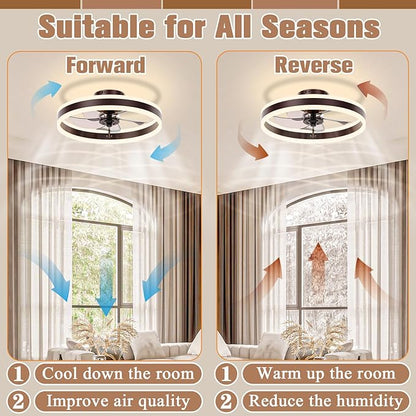 VOLISUN Fandelier Ceiling Fans with Lights and Remote, 15.7in Low Profile Ceiling Fan Flush Mount, 3000K-6500K Dimmable Bladeless LED Fan Light, Brown Modern Ceiling Fans with Lights for Bedroom