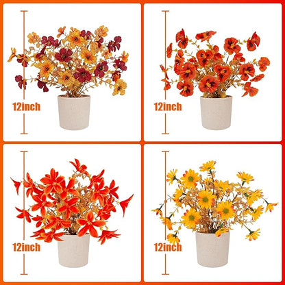 Fake Potted Plants 4pcs, Artificial Fall Flowers with Vase, Autumn Harvest Decoration for Home Indoor Outdoor, Table Plants Farmhouse Decor for Kitchen, Bedroom, Living Room, Bathroom