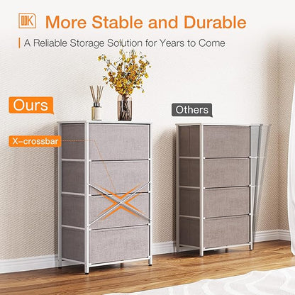 ODK Dresser for Bedroom with 4 Storage Drawers, Small Dresser Chest of Fabric Drawers with Sturdy Steel Frame, Wood Top, Light Grey