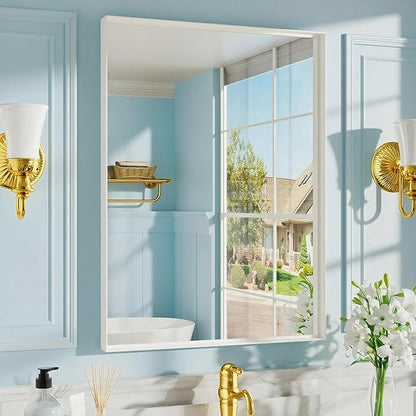 22x30 Inch White Bathroom Mirrors for Over Sink, Rectangle Mirror, Metal Framed, Wall Mounted, Modern Vanity Mirror, HD Tempered Glass (Horizontal/Vertical)