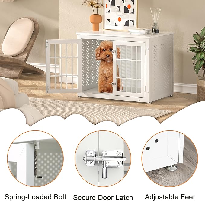 32" Heavy Duty Dog Crate Furniture for Small and Medium Dogs, Metal Kennel for High Anxiety Dogs, Chew Proof Pet Cage Indoor, Decorative Dog Kennel End Table, White-Mewly Pet