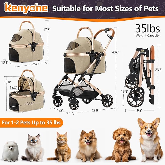 Kenyone 3-in-1 Pet Stroller for Small Medium Dogs Puppy Cat Stroller with Detachable Carrier & Pad Lightweight Foldable Aluminum Alloy Frame Dual No-Zip Entry(Khaki)-Mewly Pet