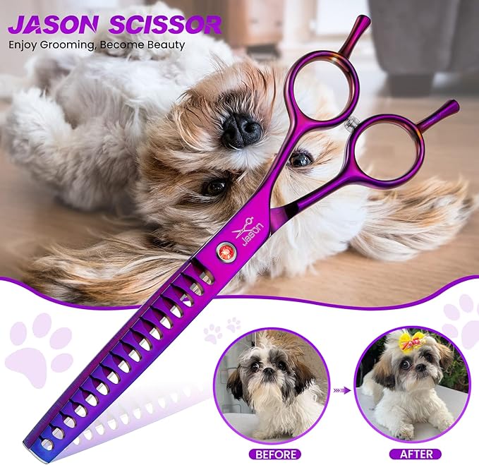 JASON 7.5" Dog Grooming Scissor - Professional Chunker Shear with Ergonomic Handle Japanese Stainless Steel Hair Scissor for Dogs, Cats and Other Pets, Sharp (Chunker, Purple)-Mewly Pet