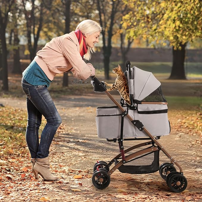3-in-1 Foldable Pet Stroller for Medium Dogs & Cats (50lbs) - Detachable Carrier, Car Seat, Storage Basket, 5" Lockable Wheels-Mewly Pet