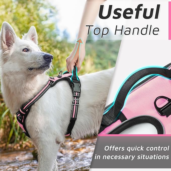 Eagloo Dog Harness for Large Dogs, No Pull Service Vest with Reflective Strips and Control Handle, Adjustable and Comfortable for Walking, No Choke Pet Harness with 2 Metal Rings, Pink, L-Mewly Pet