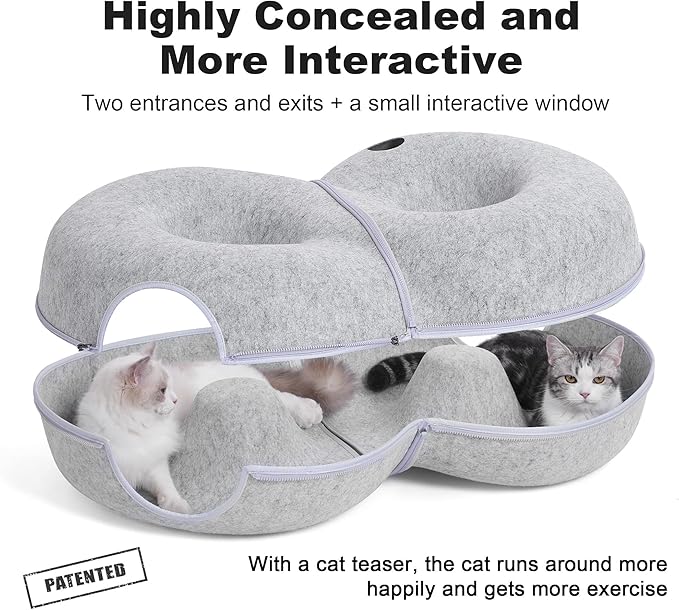 8-Shaped Large Cat Tunnel Bed for Indoor Cats, Infinite Circulation Peekaboo Cat Cave with 12 Toy Balls, Cat Donut Tunnel for Cats up to 30 Pounds (Light Grey, L 38x24x11in)-Mewly Pet