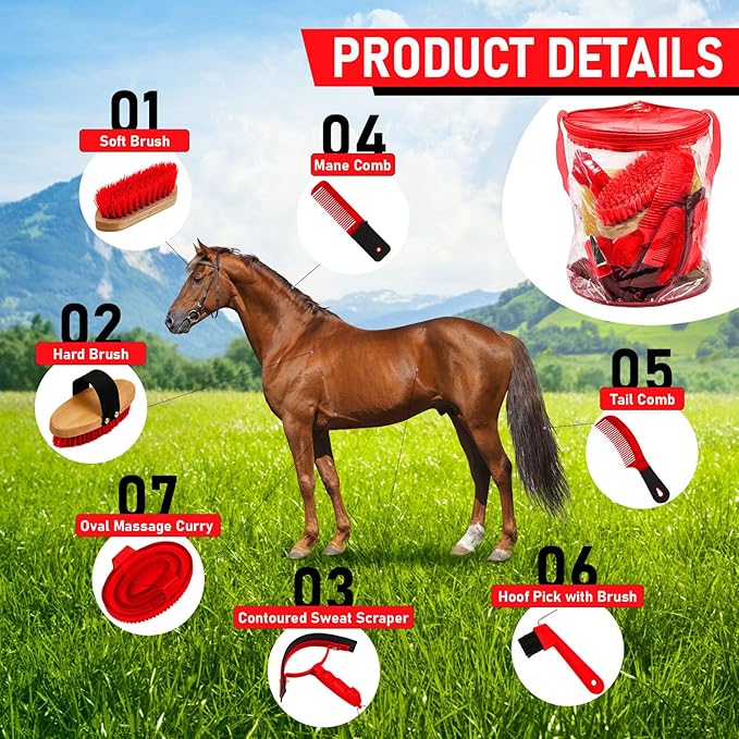 9 Pieces Horse Grooming Kit Tack Room Supplies Set with Organizer Tote Bag, Oval Massage Curry, Hard and Soft Brush, Hoof Pick, Sweat Scraper, Bathing Sponge, Combs for Horse Riders Beginners (Red)-Mewly Pet