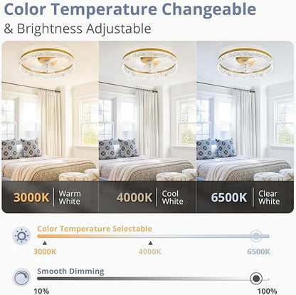 LEDIARY 22" Modern Ceiling Fans with Lights and Remote, Dimmable Low Profile Ceiling Fan, Flush Mount Fan, Stepless Color Temperature Change and 6 Speeds - Gold