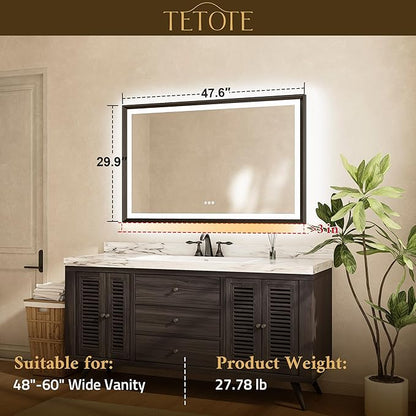 TETOTE Black LED Bathroom Mirror with Lights 48x30 Front & Back Light Vanity Framed Mirror Baroque Gothic Anti Fog Dimmable White/Warm/Natural,CRI90+,Waterproof,Wall Mounted(Horizontal/Vertical)