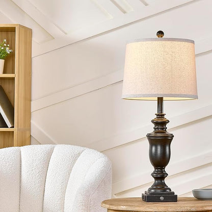 27.5" Set of 2 Farmhouse Table Lamps for Bedroom, 3 Way Dimmable Bedside Lamp with 2 USB +AC Outlet Nightstand Lamps for Living Room Resin Rustic Touch Lamps (Antique Black)