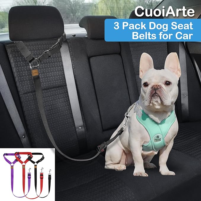 3 Pack Dog Seat Belt for Car, Car Headrest Restraint Adjustable Nylon Fabric, Dog Restraints Vehicle Seatbelts Harness (Black & Red & Purple)-Mewly Pet