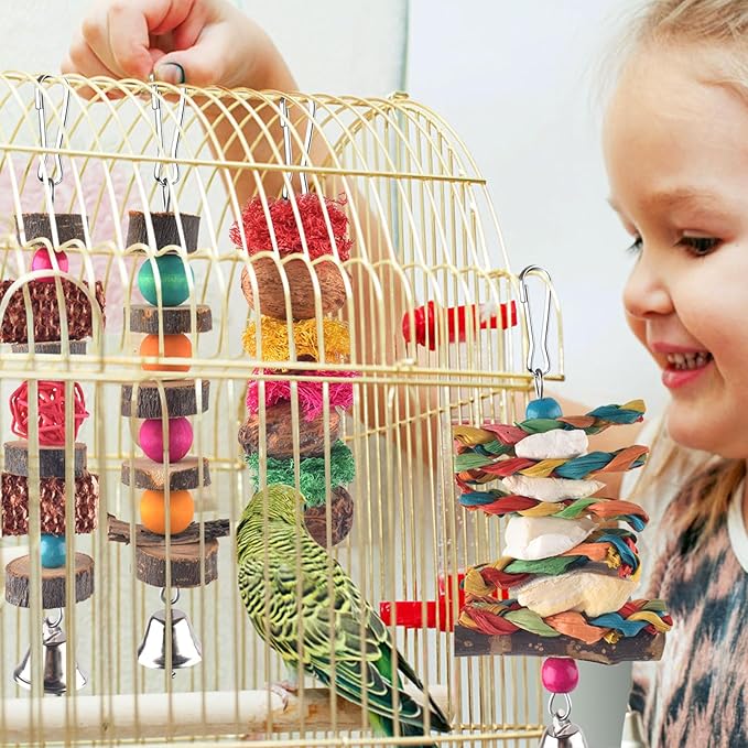 Bissap Bird Chew Toys, 7 Packs Parakeet Natural Wood Toys Parrot Hanging Cage Toy Bird Perch Stand for Small Bird Conure Cockatiel Parrotlet Lovebird Budgie-Mewly Pet