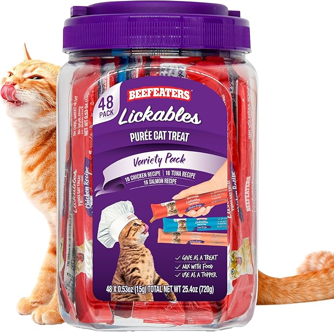 Beefeaters Cat Treats Variety Pack Lickable Puree 48ct – Salmon, Tuna & Chicken, Grain-Free, Taurine-Enriched, Ideal for Training & Interactive Feeding-Mewly Pet