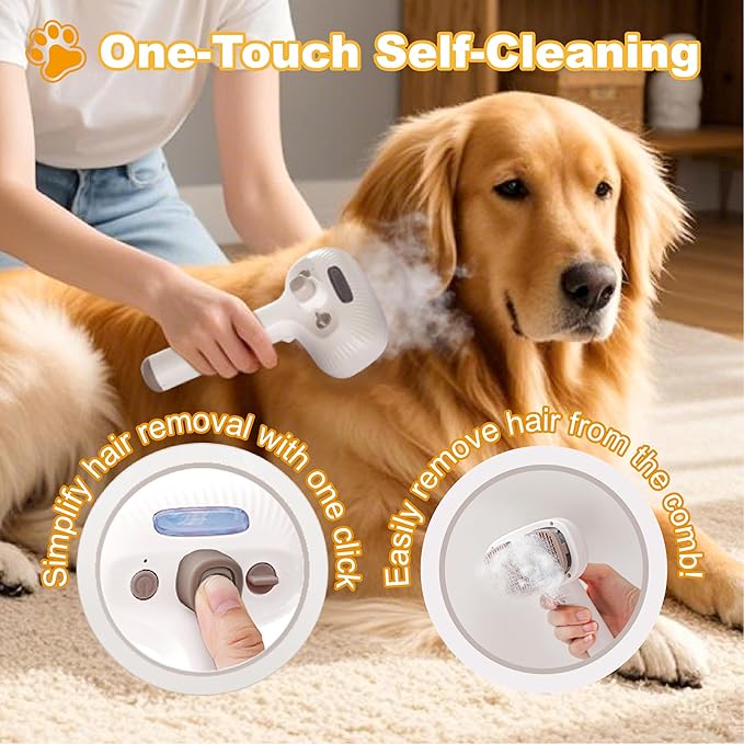 Cat Steam Brush, Dog Brush for Shedding, Pet Spray Hair Removal Comb, Pet Brush for Short & Long Hair, USB Rechargeable Grooming Supplies, Spritz Defur Comb with Finger Wipe for Teeth (White)-Mewly Pet