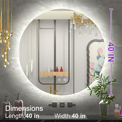 40 Inch Round LED Mirror, Backlit Round Lighted Bathroom Mirror,Large Circle Vanity Wall Mounted, Anti-Fog, Dimmable, 3000K/4500K/6000K