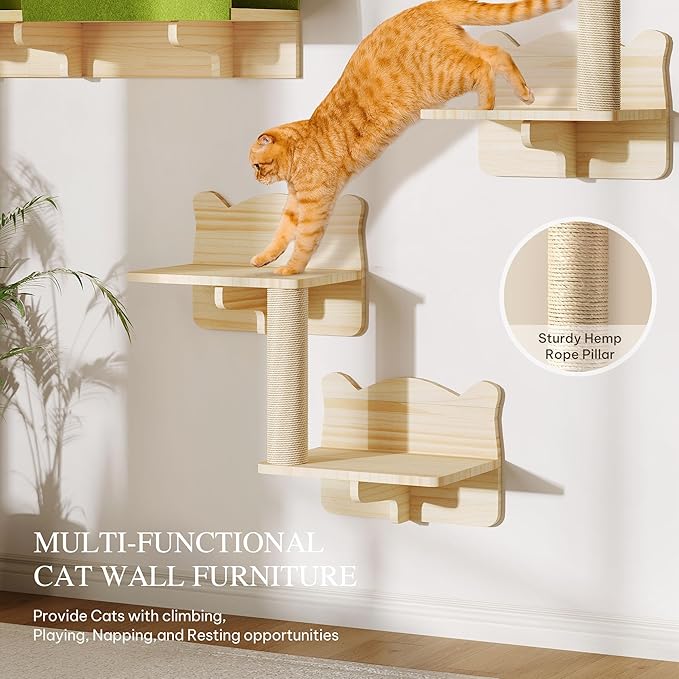 Cat Wall Shelves and Perches, Solid Wood Wall Cat Furniture, Set of 7 Feline Climbing Shelves with Bed, Steps, Scratching Post and Tunnel-Mewly Pet