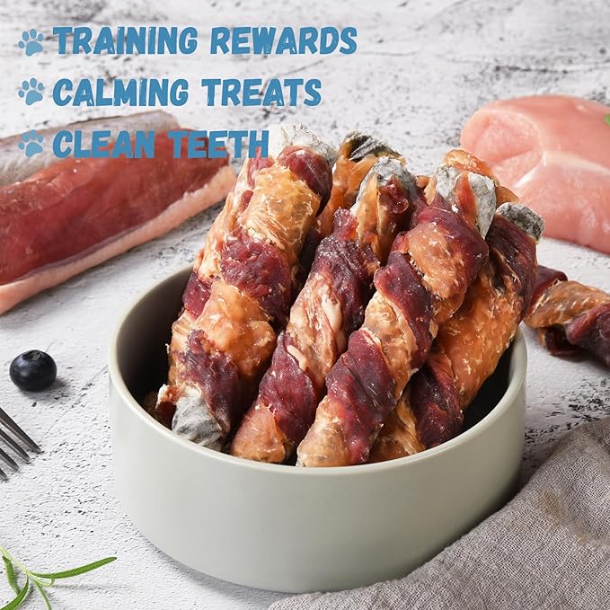 Dog Treats Chicken Duck Wrapped Cod Skin Sticks, Rawhide-Free, Grain-Free Dog Chewy Treats for Healthy Teeth and Coat,Training Treats for Small Medium Large Dogs, 9-10 Counts-Mewly Pet