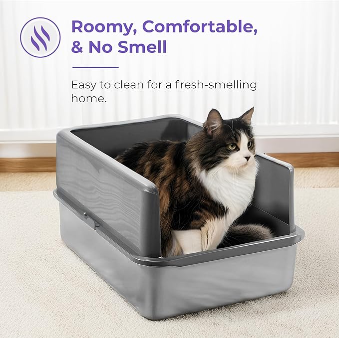 iPrimio - Stainless Steel Enclosed Litter Box for Cats - Easy to Clean - Includes High-Sided Litter Box, Scooper for Extra Scatter Protection - Medium Size for Big Cats - 20 x 14.2 x 6 in-Mewly Pet