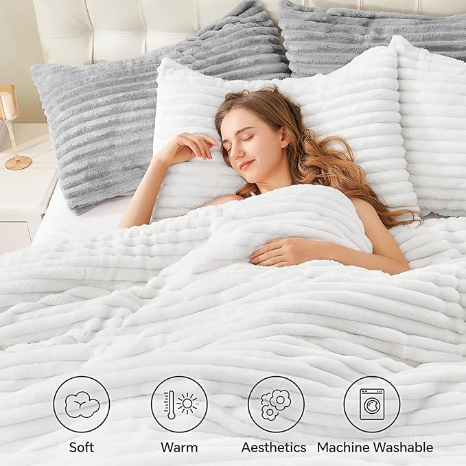 BEDELITE Fleece Queen Comforter Set -Super Soft & Warm Fluffy Bright White Bedding, Luxury Fuzzy Heavy Bed Set for Winter with 2 Pillow Cases