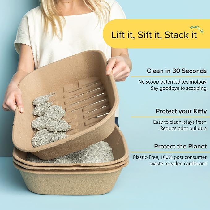 Kitty Sift (Set of 1 Litter Box & 5 Sifting Liners) Sustainable, Clean, Sifting, Disposable Cat Litter Box Kit - Large, 6-Set Kit-Mewly Pet