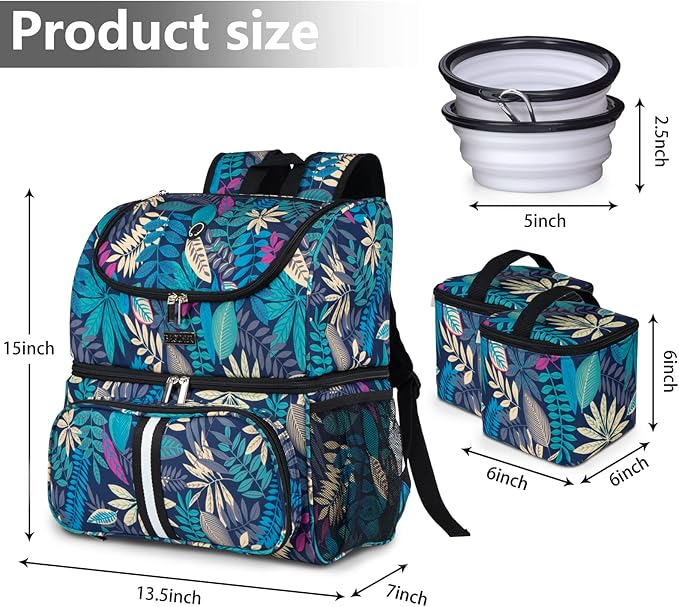 BAGLHER Pet Travel Bag, Double-Layer Pet Supplies Backpack (for All Pet Travel Supplies), Pet Travel Backpack with 2 Silicone Collapsible Bowls and 2 Food Baskets Hawaii-Mewly Pet