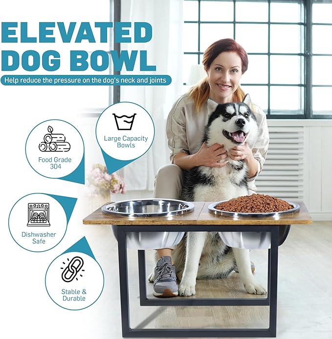 Elevated Dog Bowls for Large & Extra Large Breed Dogs - Raised Dog Feeding Station with Two Stainless Steel Bowls - Helps to Reduce Strain on Dog’s Neck & Joints - 3500 ML Capacity-Mewly Pet