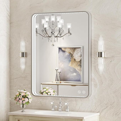 28x36 Inch LED Mirror for Bathroom,Brushed Sliver Metal Frame Lighted Vanity Mirror, Anti Fog Stepless Dimmable,Wall Mounted(Horizontal/Vertical)