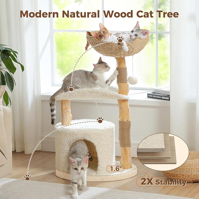 PAWZ Road Cat Tree for Indoor Cats Large Adults,38 Inches Modern Cat Tree Tower with Spacious Wicker Basket,Natural Solid Wood Scratching Posts,Curved Bed,Luxury Cat Condo for Large Cat-Mewly Pet