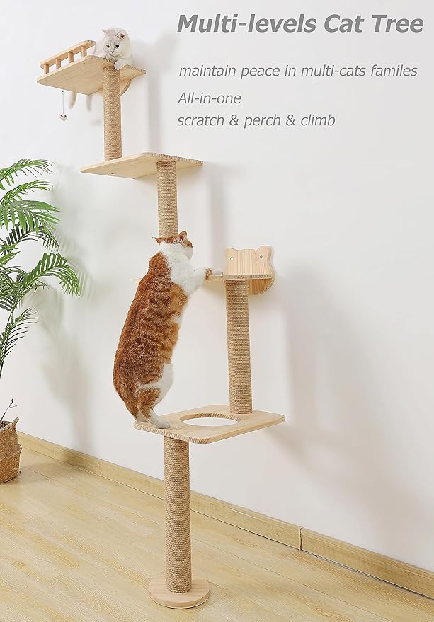 Cat Tree Wall Mounted with 4 Levels Shelves, 73" Wood Corner Tower Inside Kitten Scratching Post for Climbing,Perching and Lounging (Right to Left)-Mewly Pet