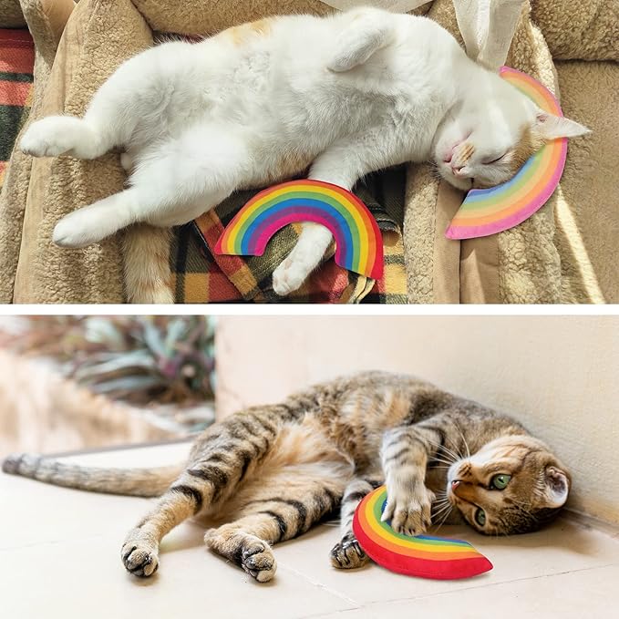 Cat Toys Rainbow Pillows, Catnip Toys for Indoor Cats Kitten, Soft and Durable, Interactive Cat Nip Chew Teeth Toy Kitty Kicker Toys 2 Pack-Mewly Pet
