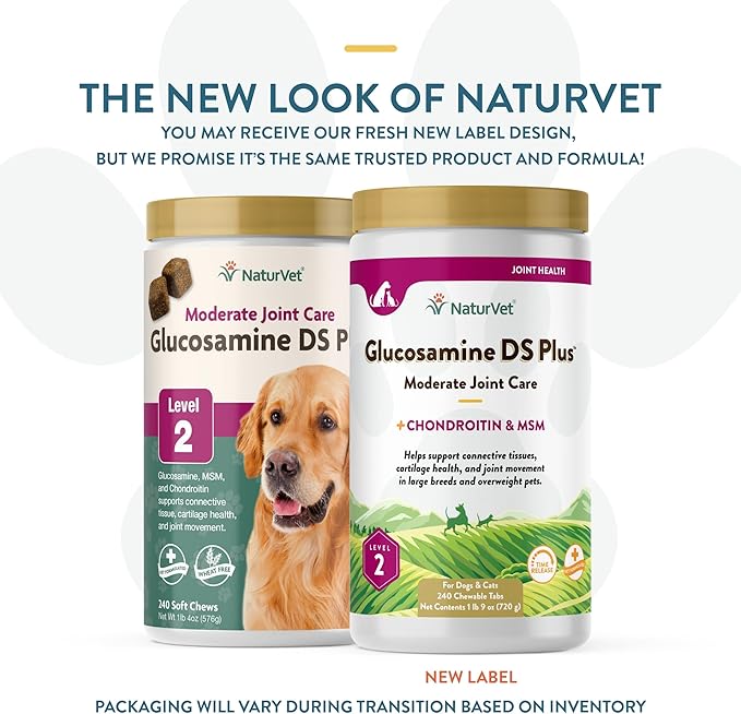 NaturVet Glucosamine DS Plus Level 2 Moderate Care Joint Support Supplement for Dogs and Cats, Chewable Tablets Time Release, Made in The USA, 240 Count-Mewly Pet
