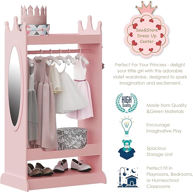 UTEX Kids Dress up Storage with Mirror,Costume Wardrobe for Kids, Open Hanging Armoire Closet,Pretend Storage Closet, Costume Storage Dresser (Pink)