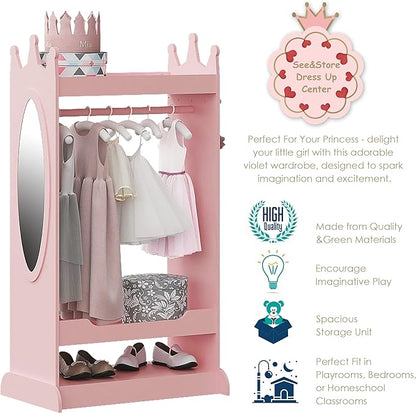 UTEX Kids Dress up Storage with Mirror,Costume Wardrobe for Kids, Open Hanging Armoire Closet,Pretend Storage Closet, Costume Storage Dresser (Pink)