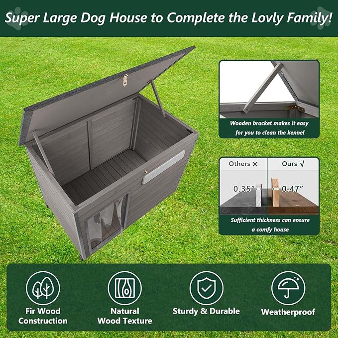 43.3" L Dog House Outdoor for Large Breeds Dogs Anti Chewing Iron Frames Dog Kennel Wooden Pet Houses for Indoor Outdoor with Weatherproof Roof,6 Elevated Feet, Reinforced Bottom Support-Mewly Pet