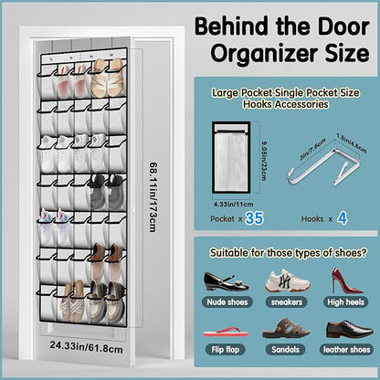 35 Compartment Over The Door Storage - Breathable Mesh Hanging Organizer with Large Pockets, Space Saving Design for Men & Women's Footwear, Closet, Bedroom （White）