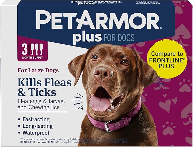PetArmor Plus Flea and Tick Prevention for Dogs, Dog Flea and Tick Treatment, 3 Doses, Waterproof Topical, Fast Acting, Large Dogs (45-88 lbs)-Mewly Pet