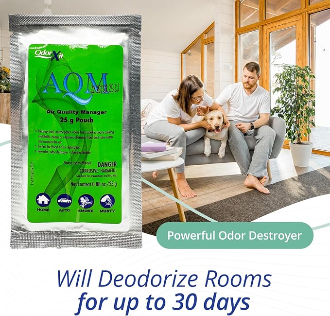 AQM by OdorXit, Air Quality Manager Chlorine Dioxide Odor Removal Packet, Dog Odor Eliminators for Hom, Wet Dog Smell & Car Deodorizer, Cigarette & Strong Smell Neutralizer, 25g-Mewly Pet