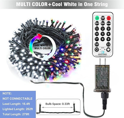 Brizled Christmas String Lights, 279ft 800 LED Color Changing Christmas Lights with Remote, 11 Modes Tree Light Cool White & Multicolor Green Wire Xmas Light Outdoor for Xmas Party Home