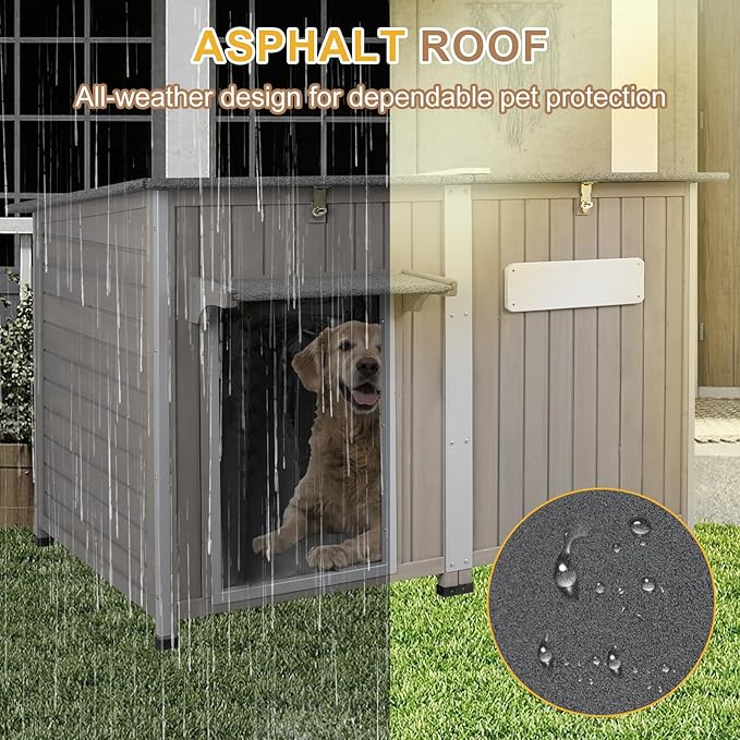 Weatherproof Outdoor Dog House, Wooden Puppy Shelter with Anti-Chewing Iron Frame and Elevated Floor, Sturdy Dog Kennel for Small, Medium & Large Dogs, Grey (Gray, 51" L x 29" W x 32" H)-Mewly Pet