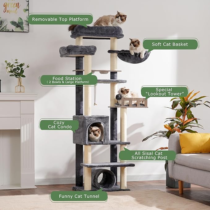 Cat Tree with Tunnel, Cat Tower for Indoor Cats, Tall Cat Tree Tower with Cat Condo, Food Station, Large Platform, Scratching Posts, Hammock, Smoky Gray GCT021G-Mewly Pet