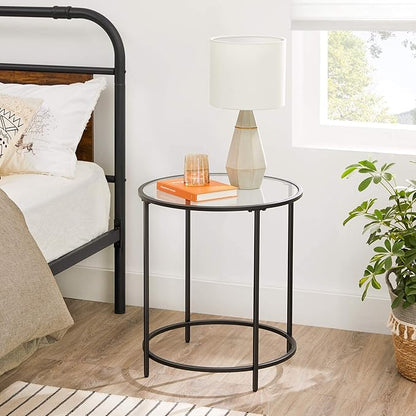 VASAGLE Round Side Table, Glass End Table with Metal Frame, Black Coffee Table with Modern Style, for Living Room, Balcony, Bedroom, Black