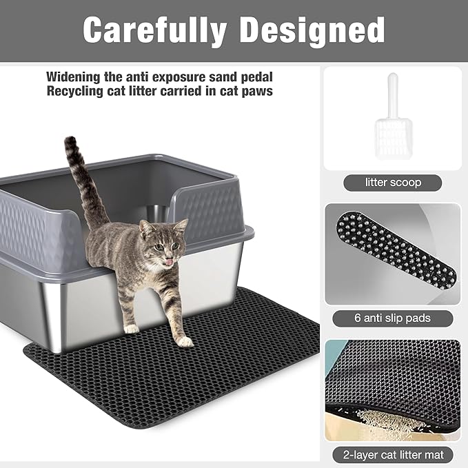 Suhaco Stainless Steel Litter Box Side Entry, Kitty Litter Mat and White Scoop Included Covered Metal High Sided Extra Large Cat Litter Box with Lid Removable Enclosure for Medium Cats (Tall Grey)-Mewly Pet