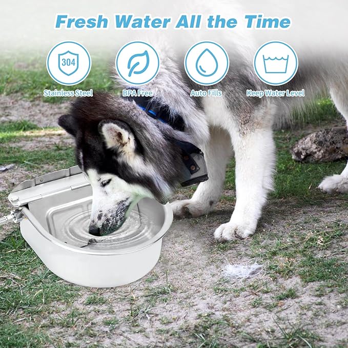 FHTONGE 304 Stainless Steel Automatic Dog Water Bowl Dispenser with Drainage and Float Valves, Large Auto Fill Dog Waterer for Outdoor Big Dogs Livestock Poultry Horse Cow Goat Pig Chicken Duck Rabbit-Mewly Pet