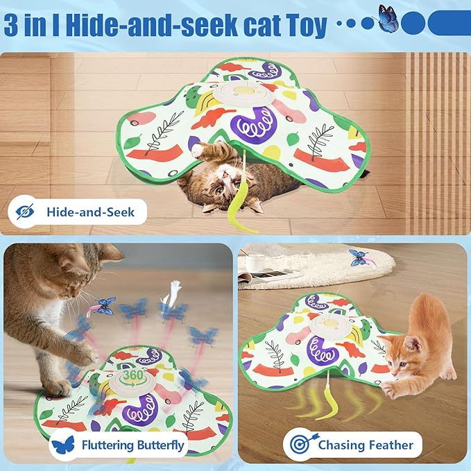 Interactive Cat Toy, Automatic Kitten Toys for Indoor Cats, Hide and Seek Cat Toy Kitten Wand Toy Cat Exercise Toys with Motion Activated, Moving Feather, Chirping-Mewly Pet
