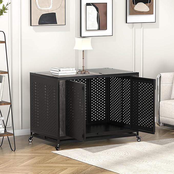 48" Heavy Duty Dog Crate Furniture for Extra Large Dogs, Enclosed Design with 0.5 inch Holes, Indestructible Metal Kennel for High Anxiety Dogs, Chew Proof Pet House Cage Indoor, Gray-Mewly Pet