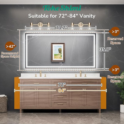TokeShimi 72x36 LED Mirror for Bathroom with 3-Color Lights,Lighted Vanity Mirror with Lights,Anti-Fog,Stepless Dimmable,HD Tempered Glass,Memory Function,Waterproof,Shatterproof,UL Listed