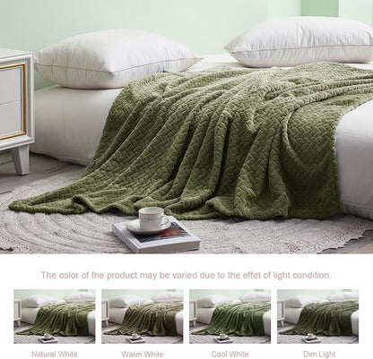 Exclusivo Mezcla Fleece King Size Blanket for Bed, 90x104 Inches Soft Cozy Jacquard Flannel Blankets, Lightweight Fuzzy Plush Warm for Winter, Olive Green