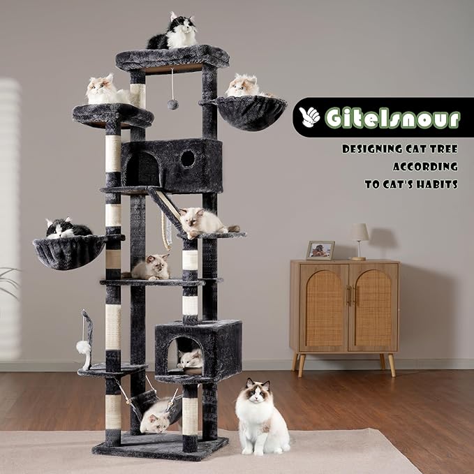 Cat Tree for Large Cats, 78.7"(200cm) Tall Cat Tower for Indoor Cats Multiple Cats with Large Top Perch, Cat Condo, Cat Hammcok, Cat Scratching Post, Dark Gray GCT031G-Mewly Pet